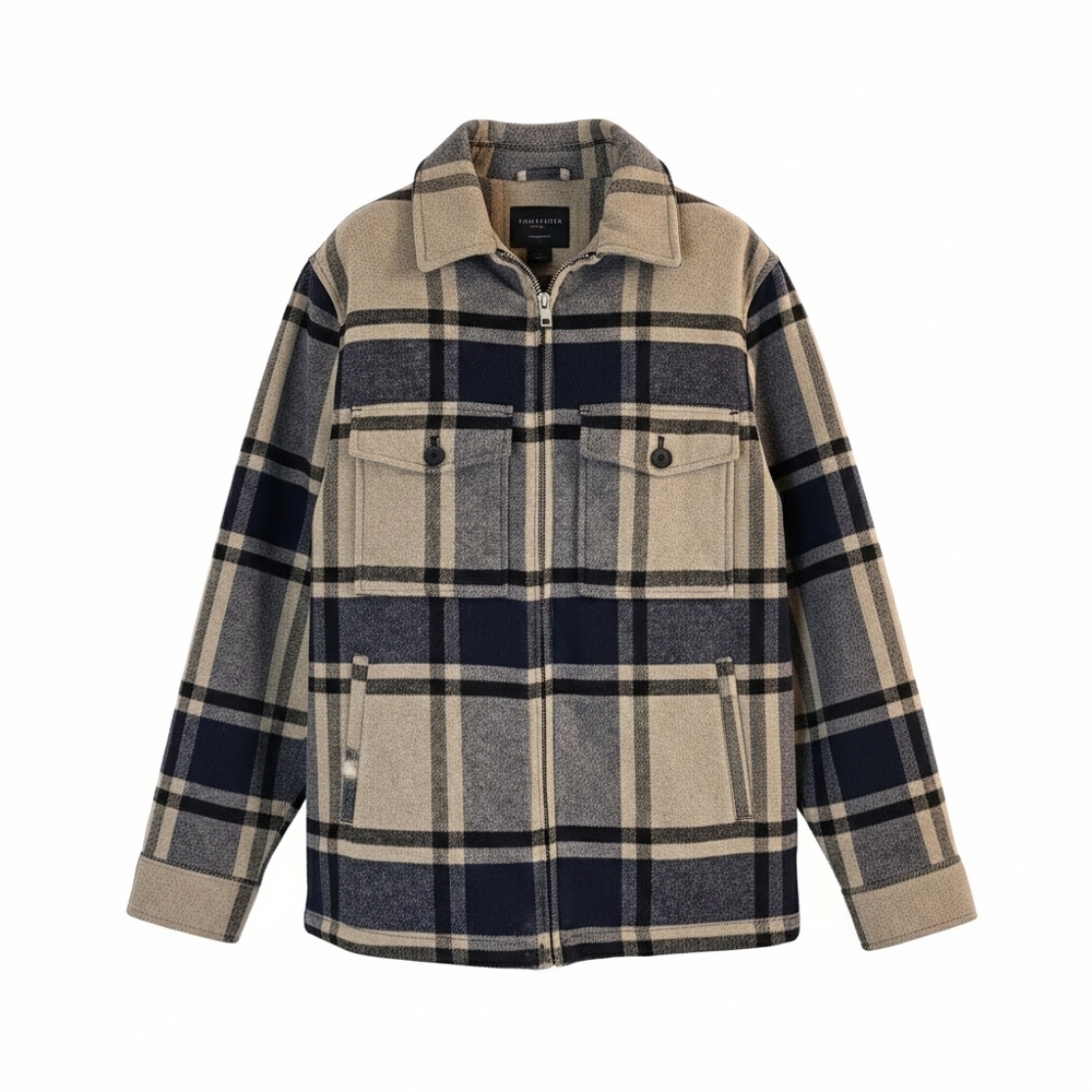 [H&M]Plaid Wool-Blend Shacket/shirt jacketbeige and navy Zip Up Mens Medium